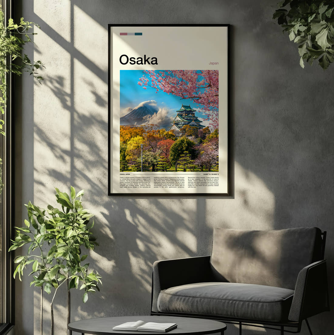 Osaka Castle Among Cherry Blossoms Travel Print framed on the wall of a relaxed living room