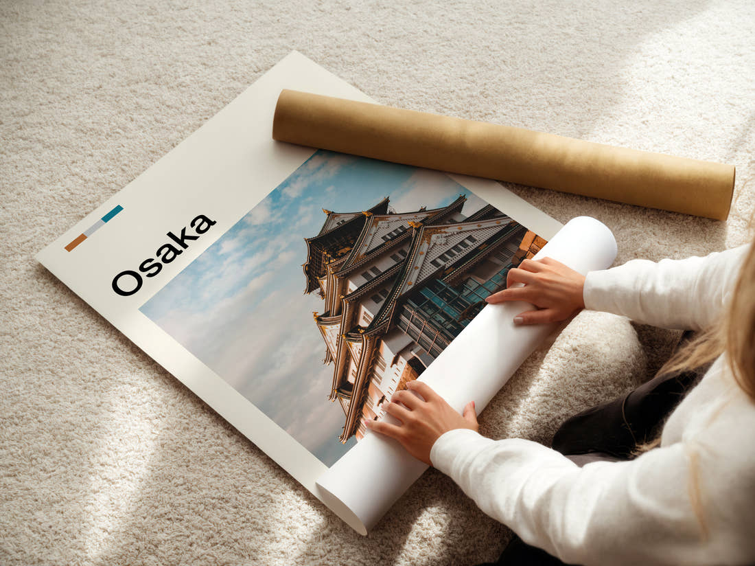 Osaka Castle Tower Travel Print being unrolled from its postal tube