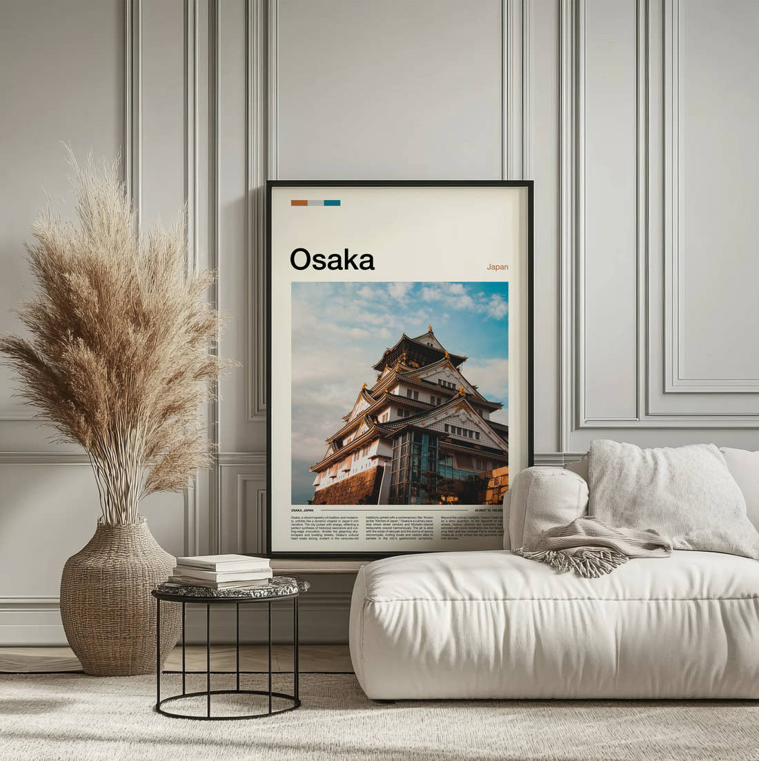 Osaka Castle Tower Travel Print framed on the wall of a calm, neutral bedroom