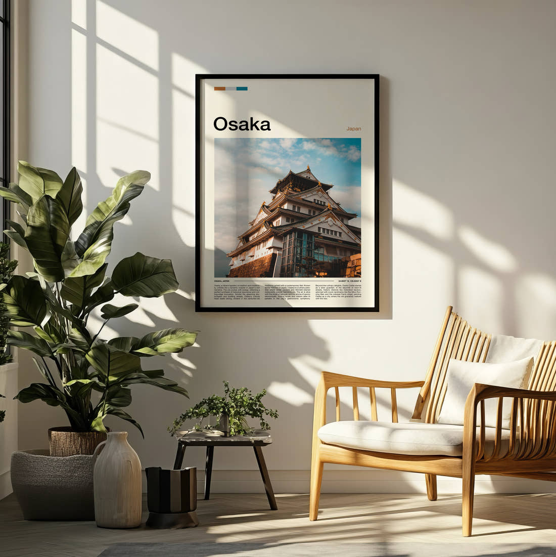 Osaka Castle Tower Travel Print framed on a pale wall beside houseplants