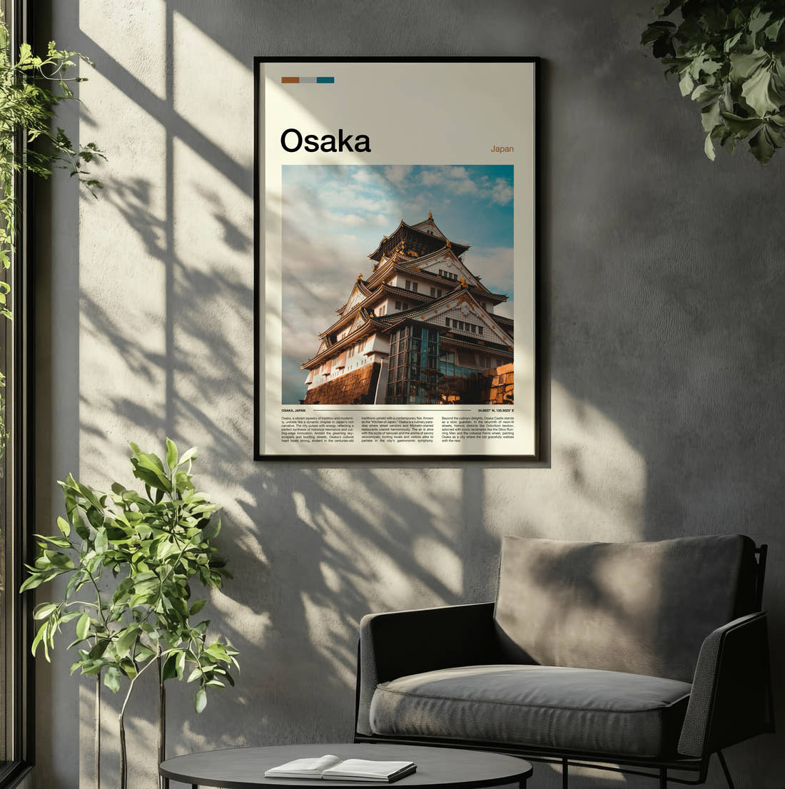 Osaka Castle Tower Travel Print framed on the wall of a relaxed living room