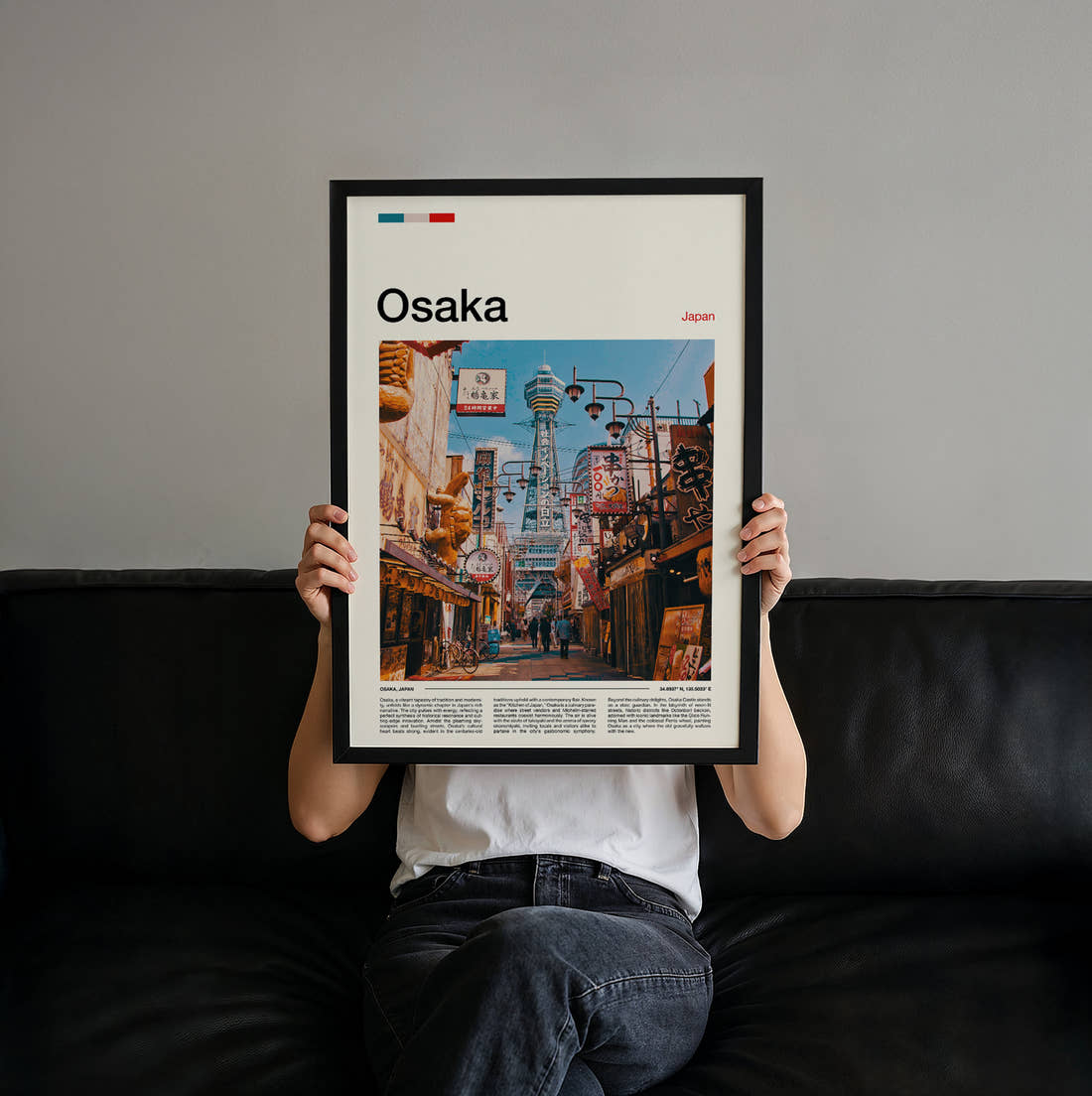 Osaka Tsutenkaku Tower Travel Print held up by hand to show the size of the print
