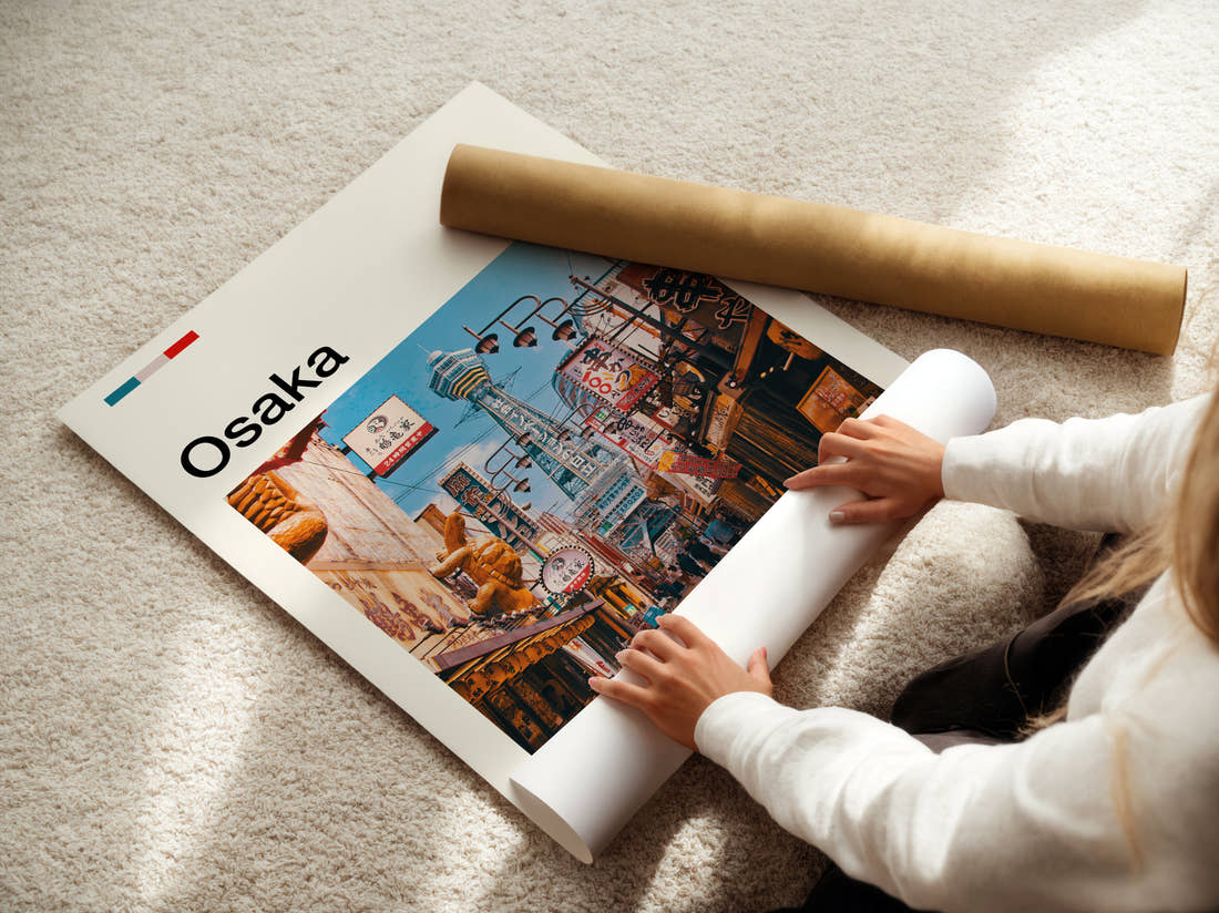 Osaka Tsutenkaku Tower Travel Print being unrolled from its postal tube