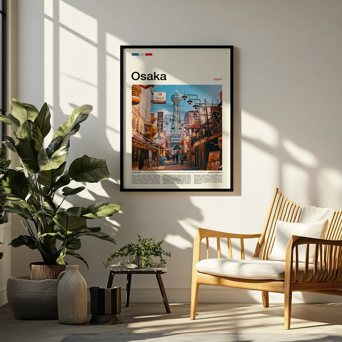 Osaka Tsutenkaku Tower Travel Print framed on a pale wall beside houseplants