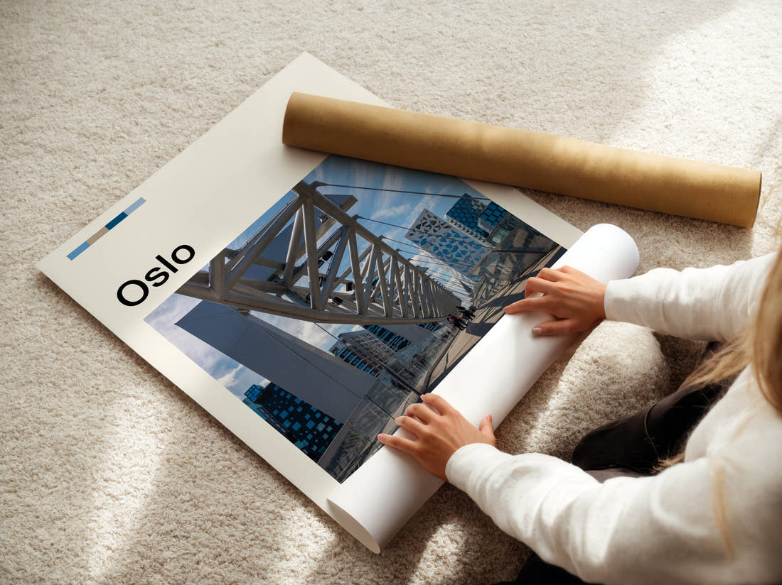 Oslo Pedestrian Bridge Travel Print being unrolled from its postal tube