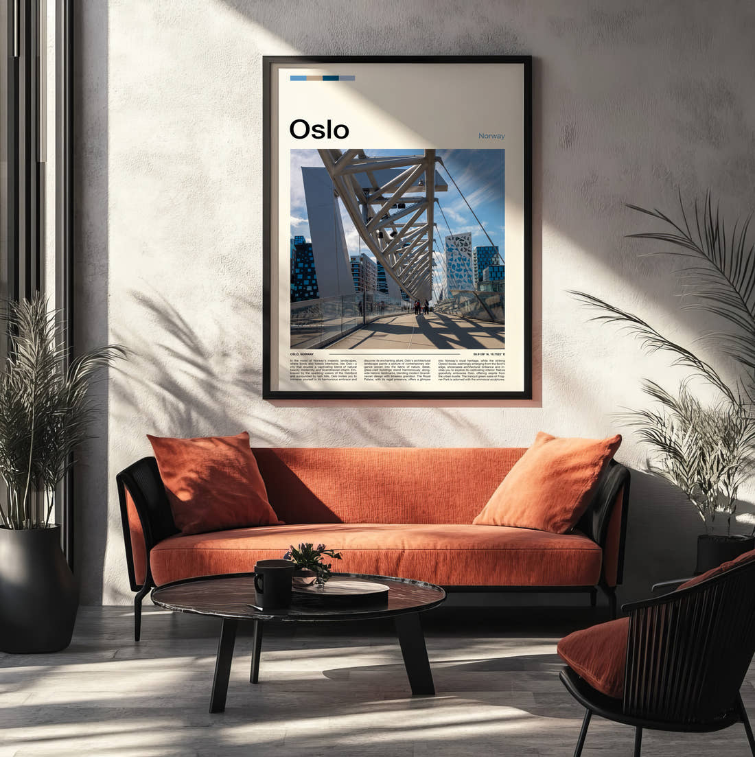 Oslo Pedestrian Bridge Travel Print framed on the wall of a modern living room