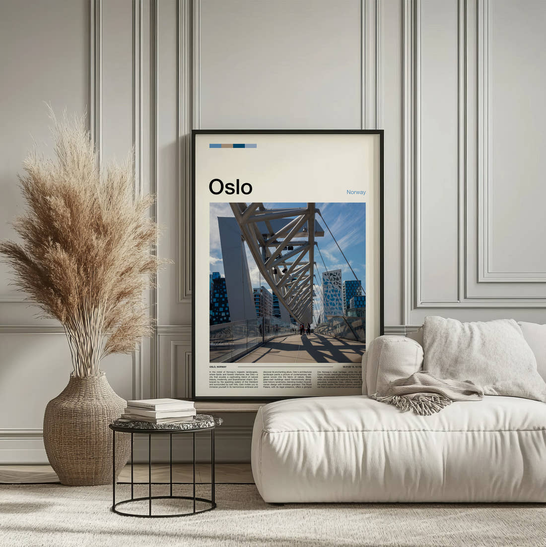 Oslo Pedestrian Bridge Travel Print framed on the wall of a calm, neutral bedroom