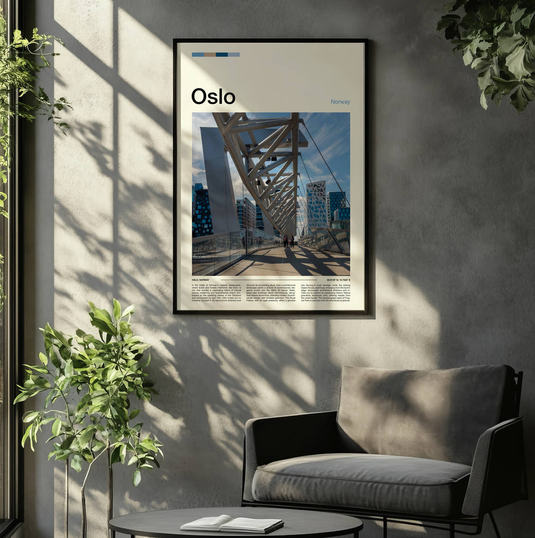 Oslo Pedestrian Bridge Travel Print framed on the wall of a relaxed living room