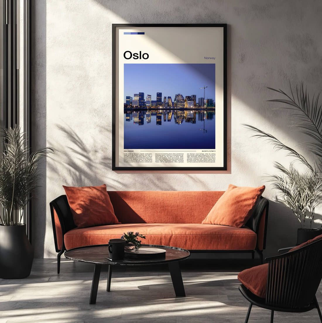 Oslo Waterfront Skyline At Dusk Travel Print framed on the wall of a modern living room