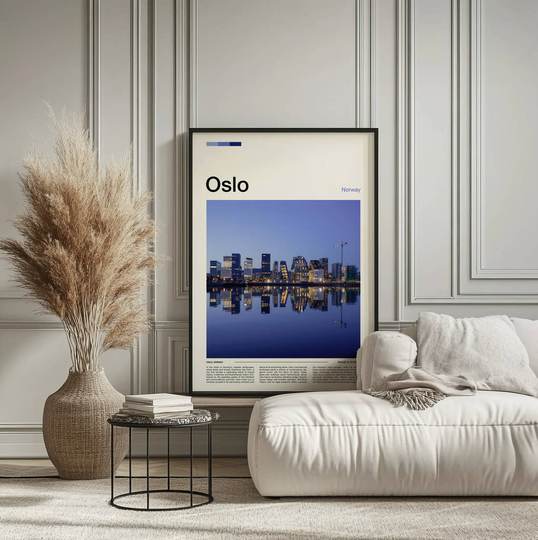 Oslo Waterfront Skyline At Dusk Travel Print framed on the wall of a calm, neutral bedroom