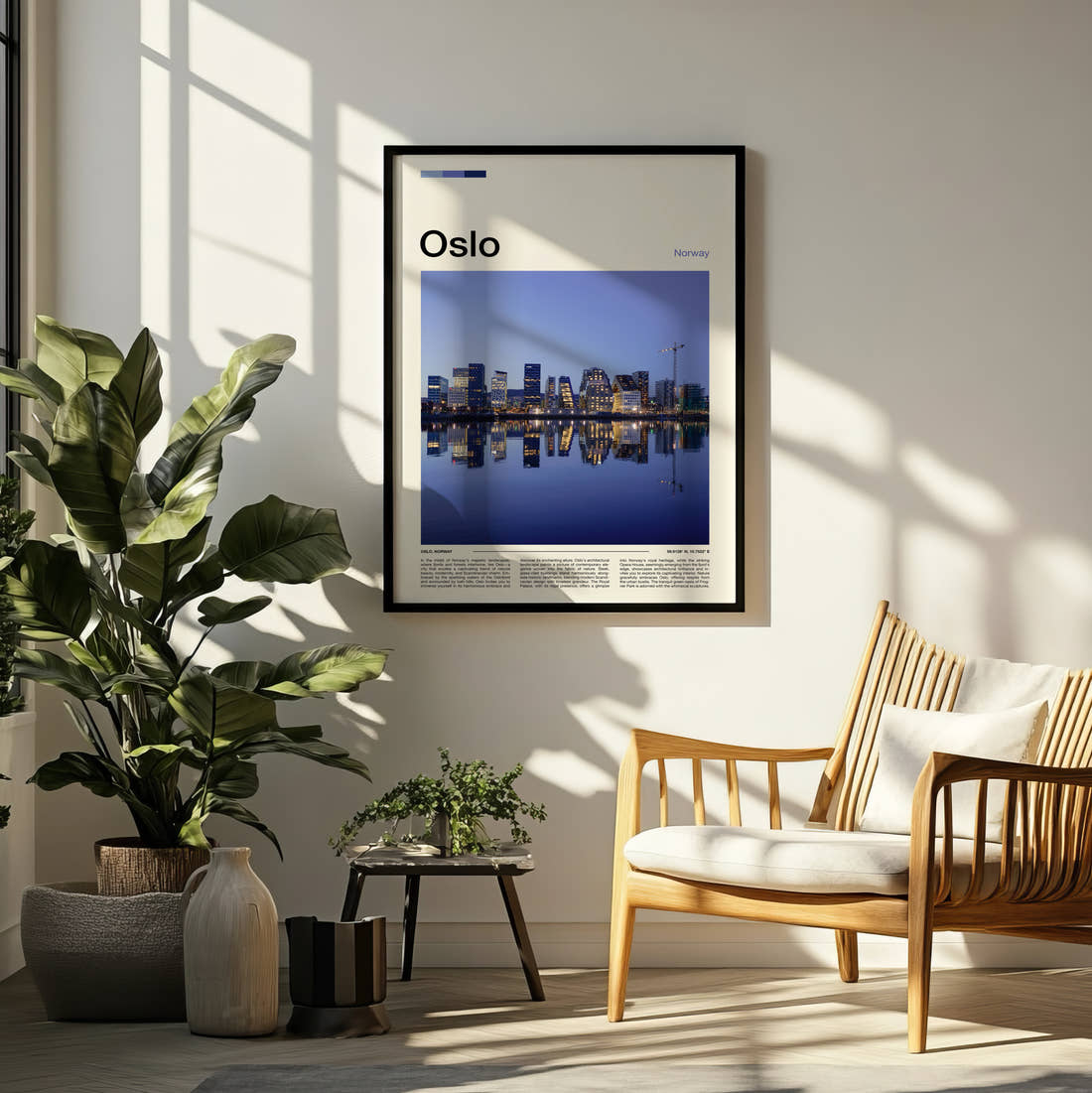 Oslo Waterfront Skyline At Dusk Travel Print framed on a pale wall beside houseplants