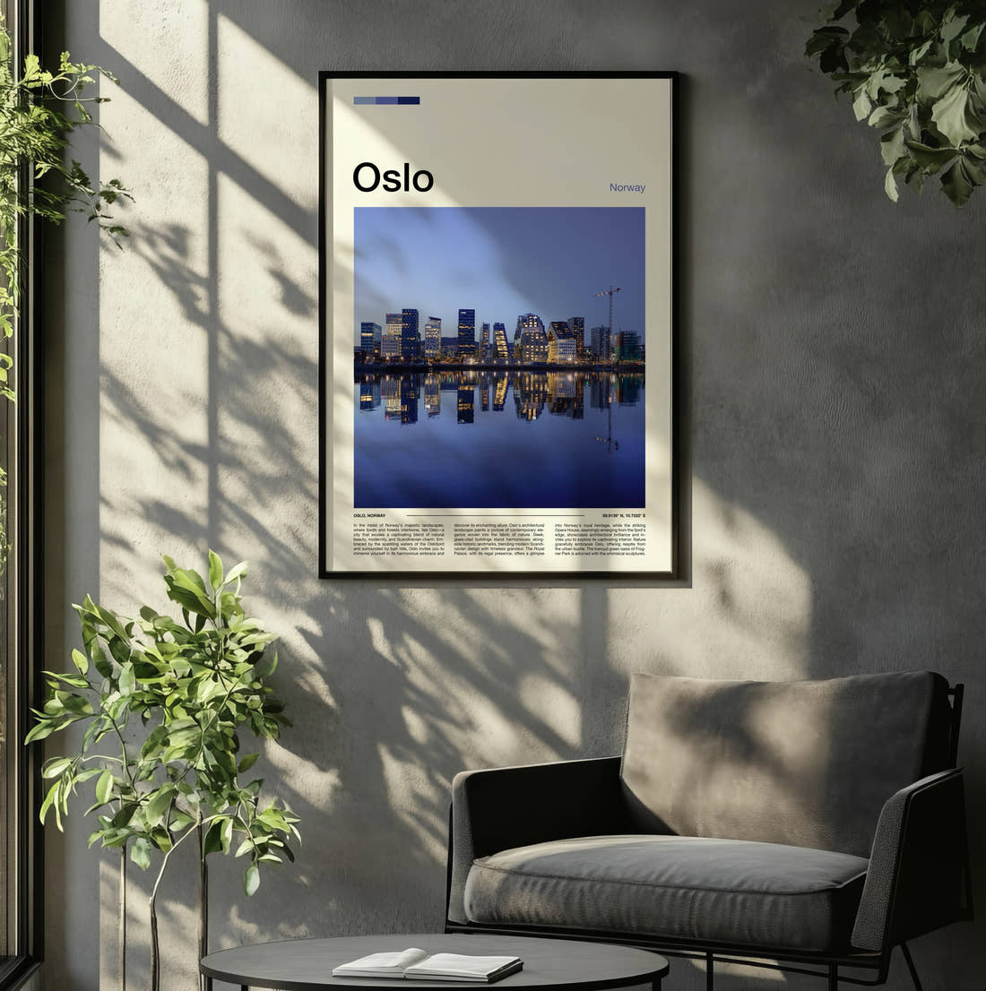 Oslo Waterfront Skyline At Dusk Travel Print framed on the wall of a relaxed living room