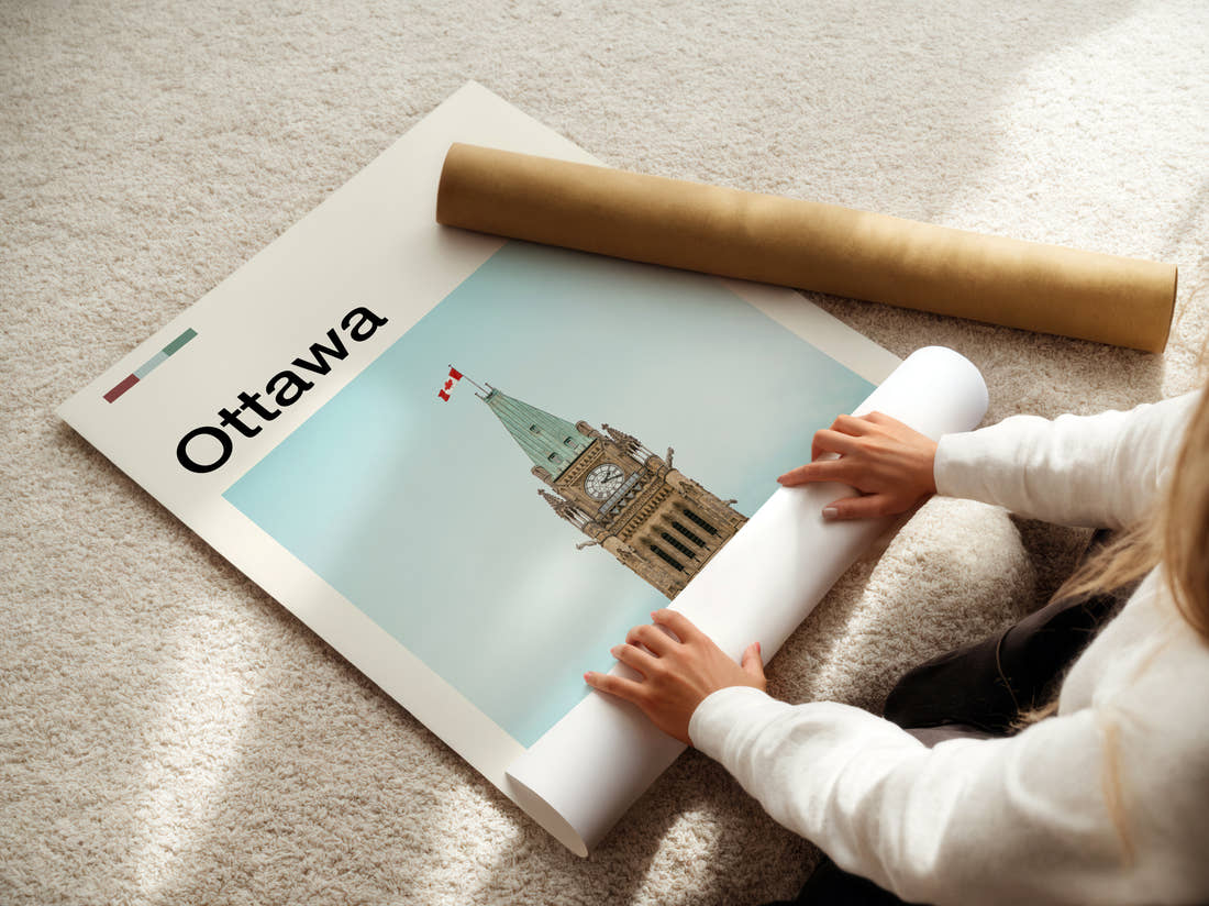 Ottawa Peace Tower Travel Print being unrolled from its postal tube