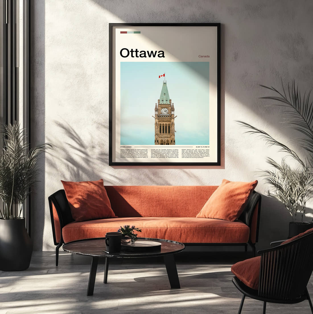 Ottawa Peace Tower Travel Print framed on the wall of a modern living room