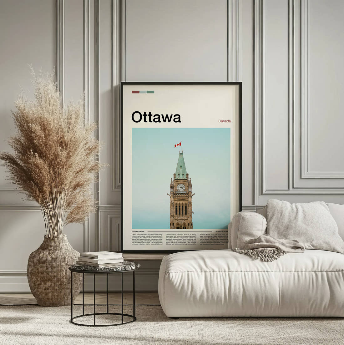 Ottawa Peace Tower Travel Print framed on the wall of a calm, neutral bedroom