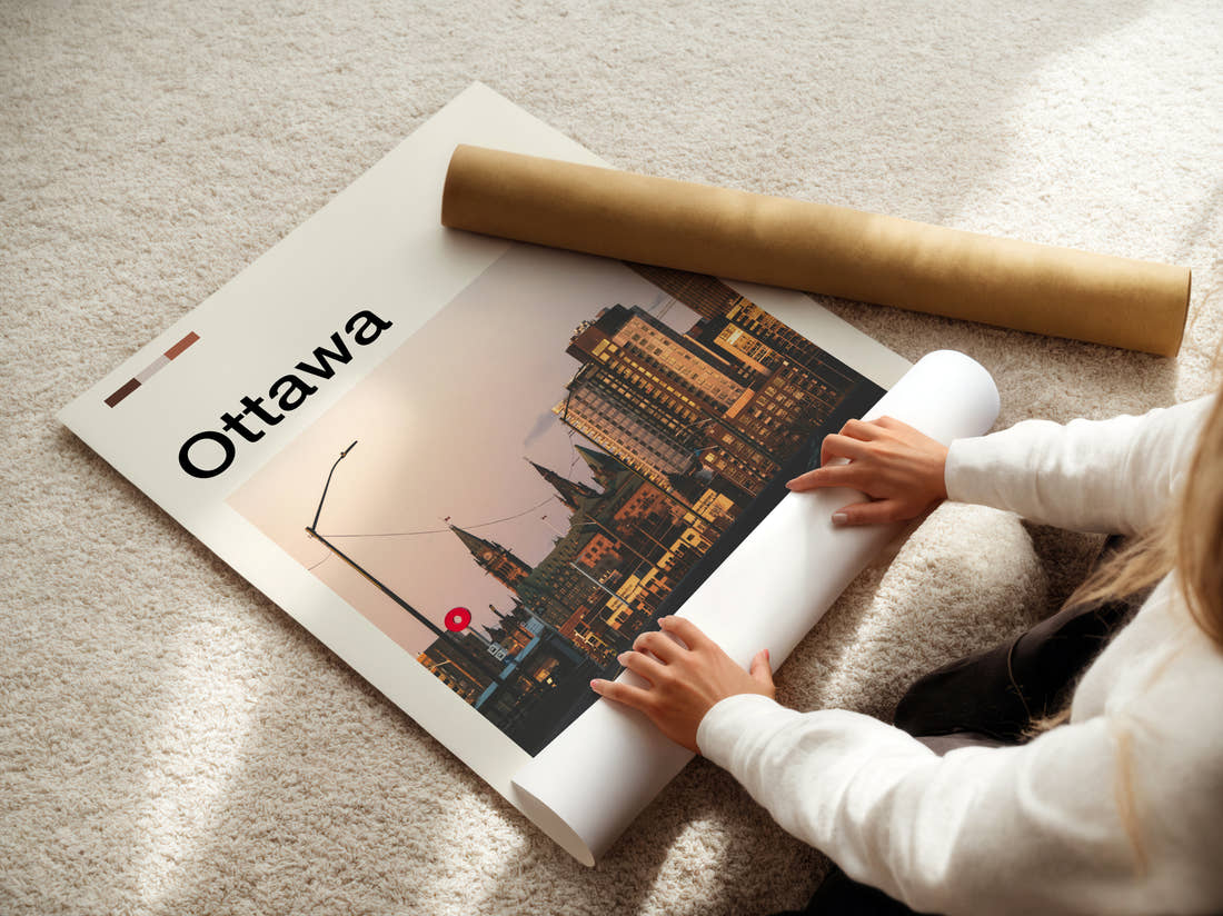 Ottawa City Buildings At Dusk Travel Print being unrolled from its postal tube