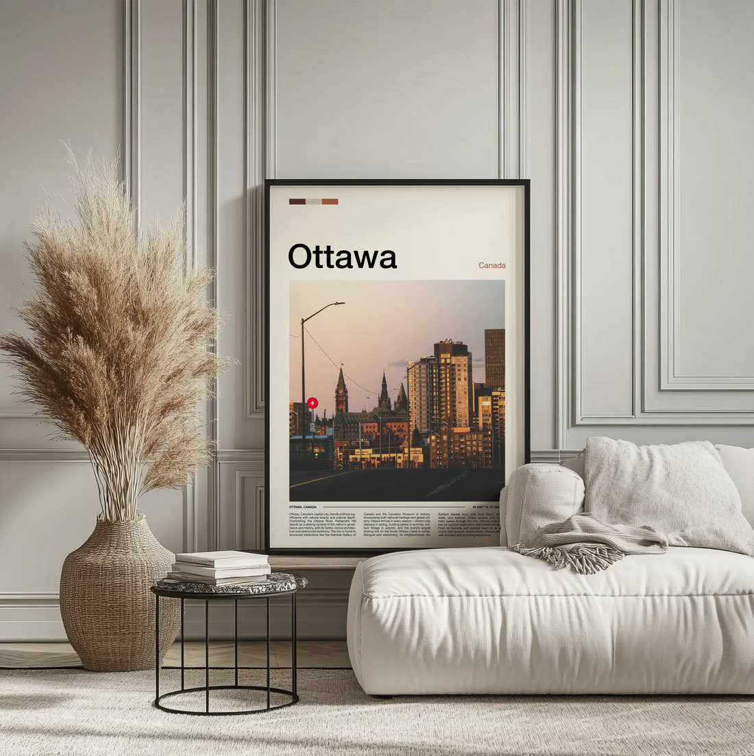 Ottawa City Buildings At Dusk Travel Print framed on the wall of a calm, neutral bedroom