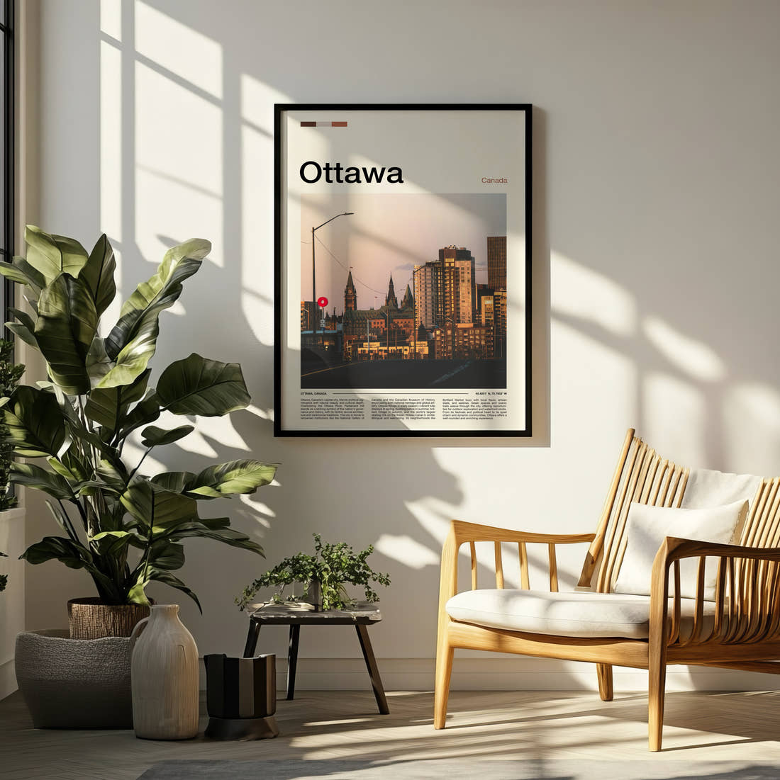 Ottawa City Buildings At Dusk Travel Print framed on a pale wall beside houseplants