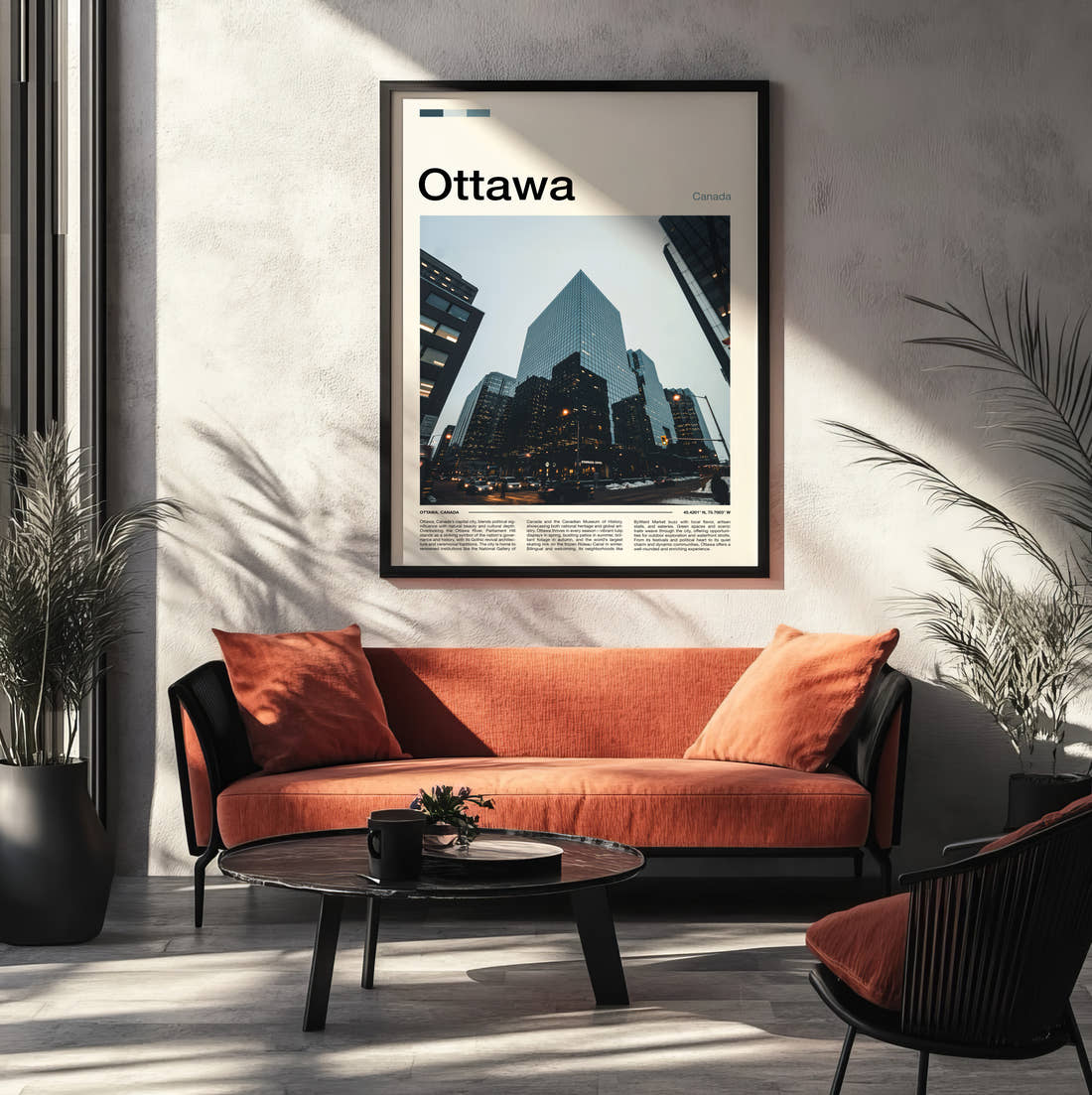 Ottawa Glass Skyscrapers Travel Print framed on the wall of a modern living room