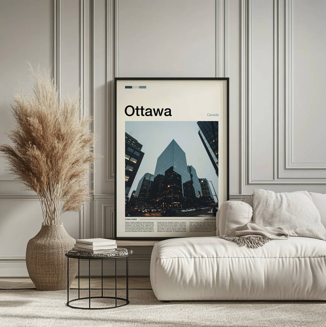 Ottawa Glass Skyscrapers Travel Print framed on the wall of a calm, neutral bedroom