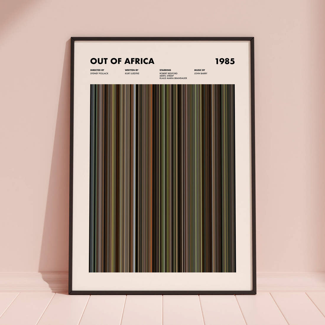 Out of Africa Movie Barcode Poster framed and leaning against a coloured wall