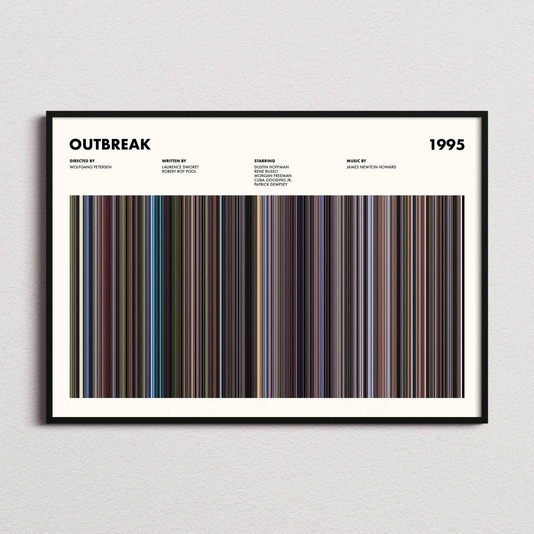 Outbreak Movie Barcode Poster framed and photographed straight on