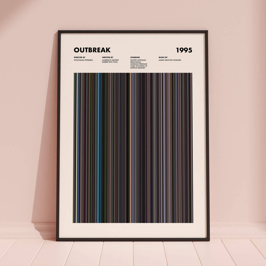 Outbreak Movie Barcode Poster framed and leaning against a coloured wall