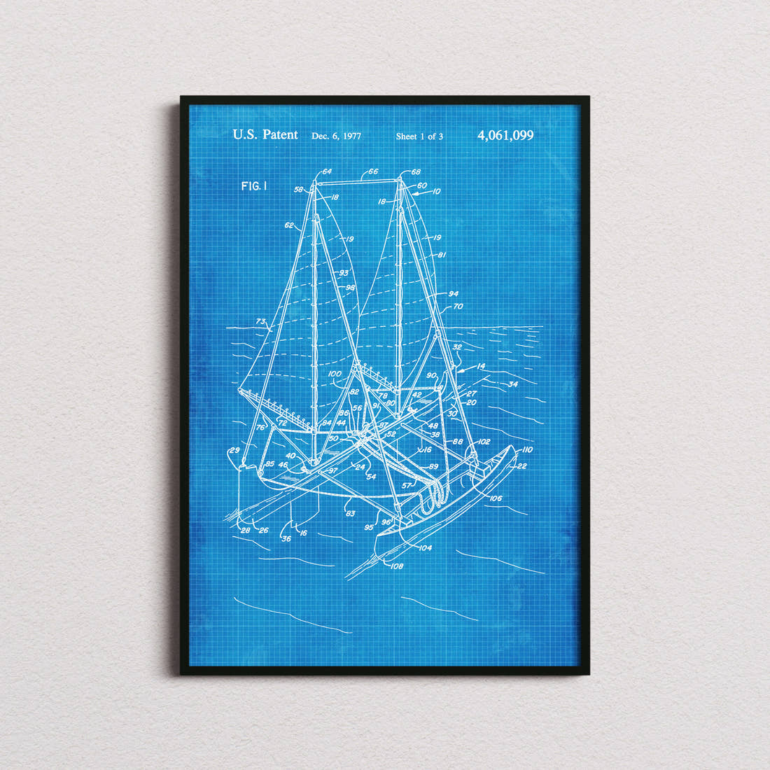 Outrigger Sailboat Patent Print in the blueprint colourway, framed