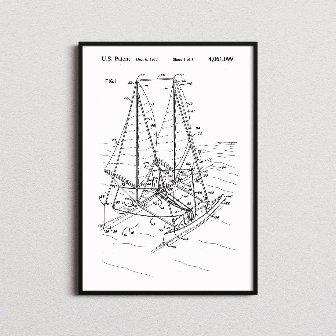 Outrigger Sailboat Patent Print in the white colourway, framed