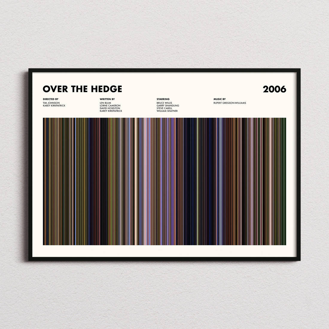 Over The Hedge Movie Barcode Poster framed and photographed straight on