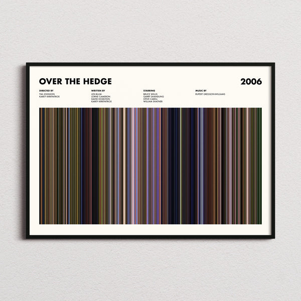 Over The Hedge Movie Barcode Poster framed and photographed straight on