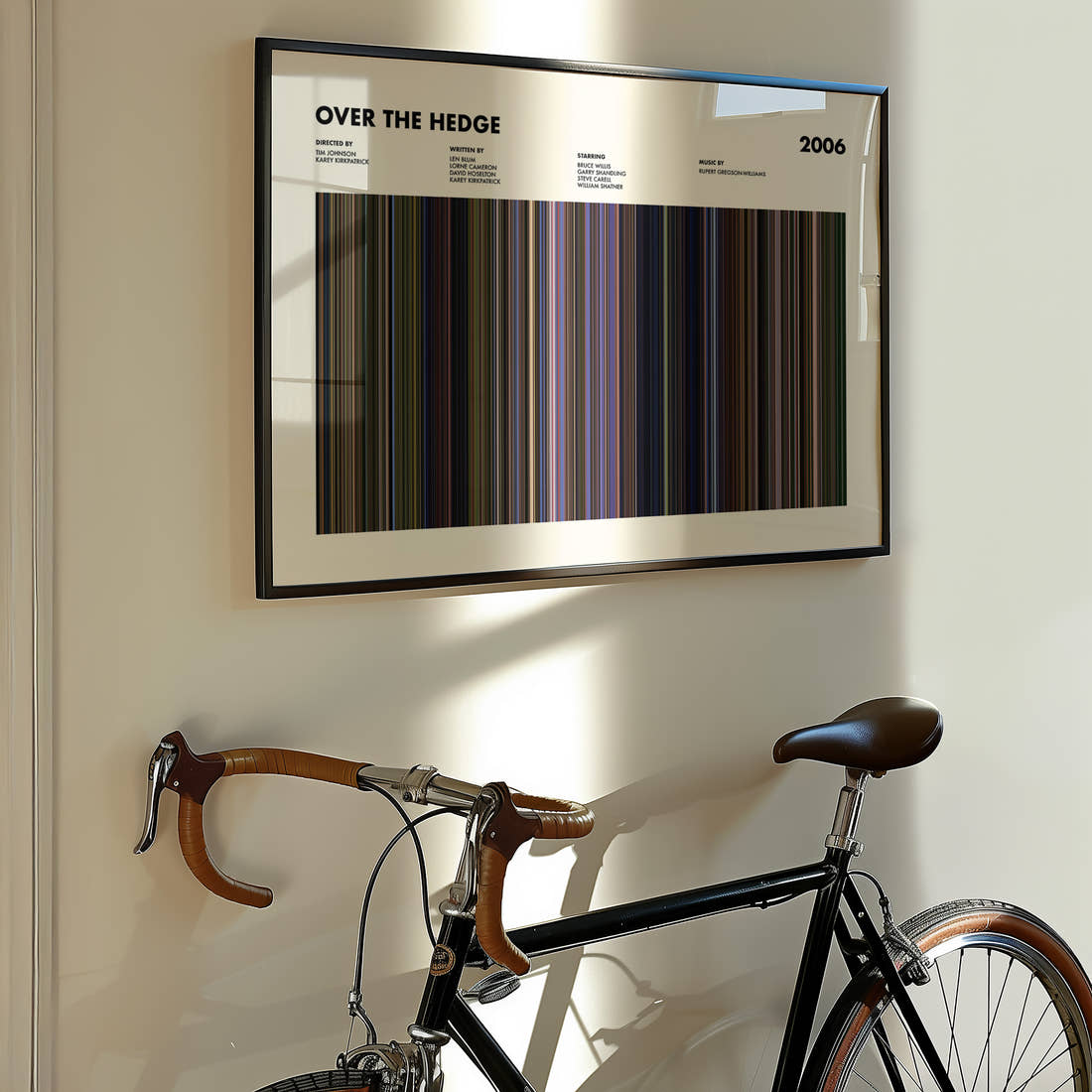 Over The Hedge Movie Barcode Poster framed on the wall of a styled room setting
