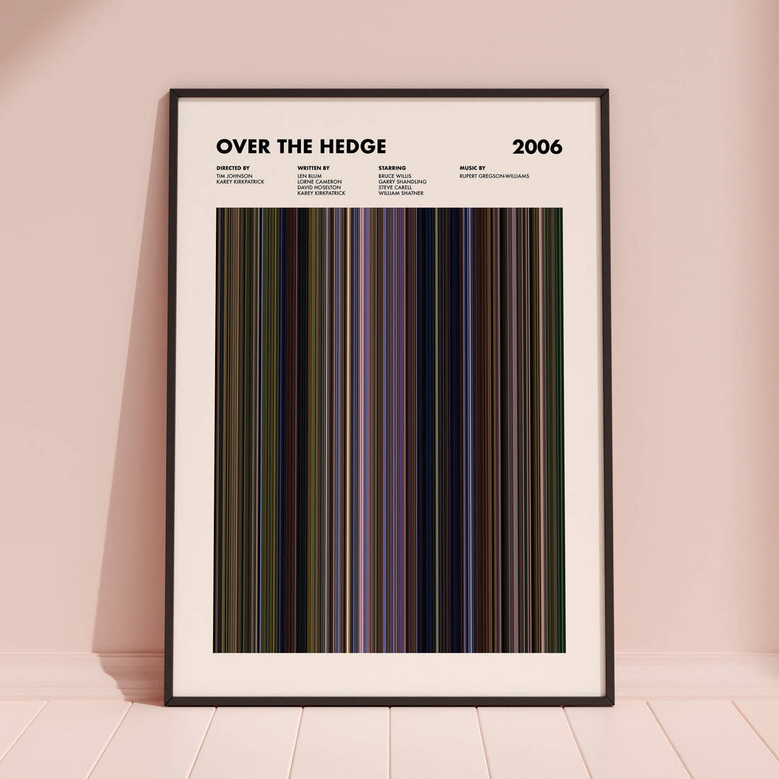 Over The Hedge Movie Barcode Poster framed and leaning against a coloured wall