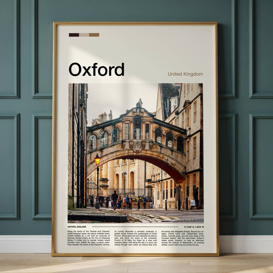Oxford Bridge Of Sighs Travel Print framed on the wall of a calm, neutral bedroom