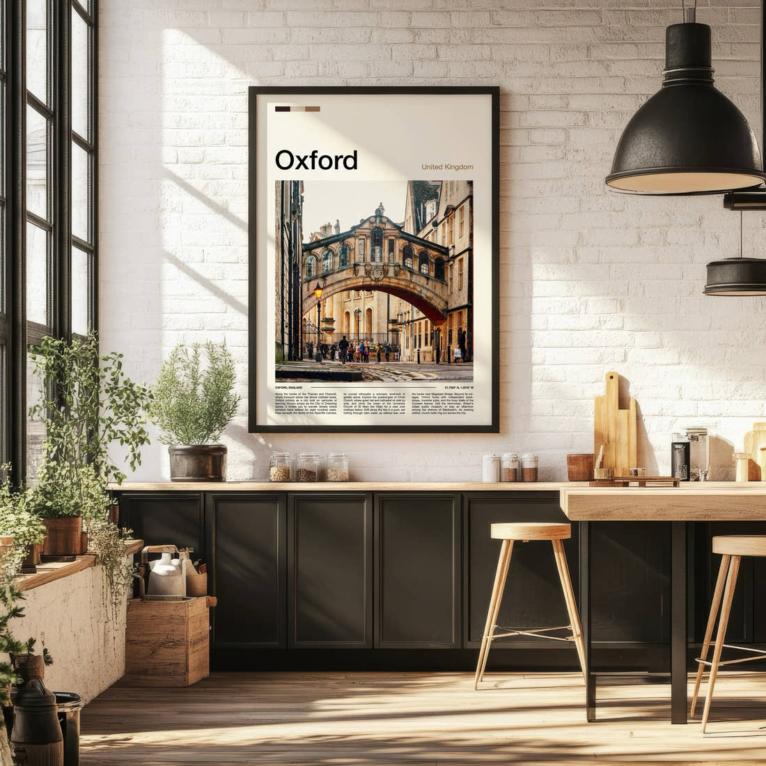 Oxford Bridge Of Sighs Travel Print framed on the wall of a bright kitchen and dining space