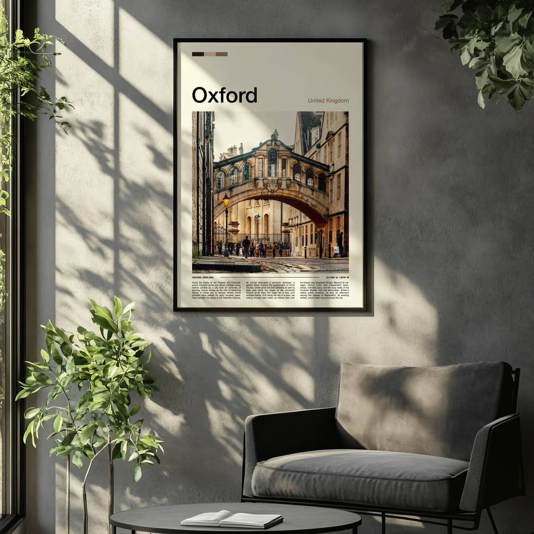 Oxford Bridge Of Sighs Travel Print framed on the wall of a relaxed living room