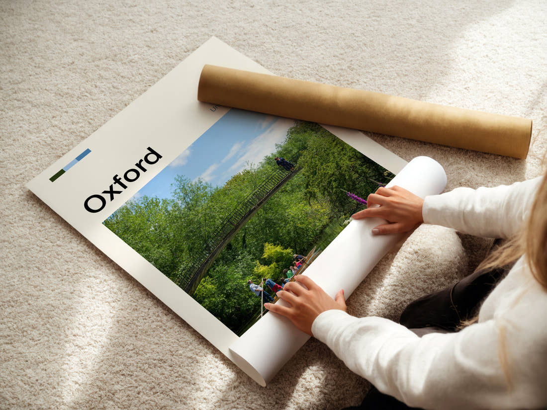 Oxford River Punting Scene Travel Print being unrolled from its postal tube
