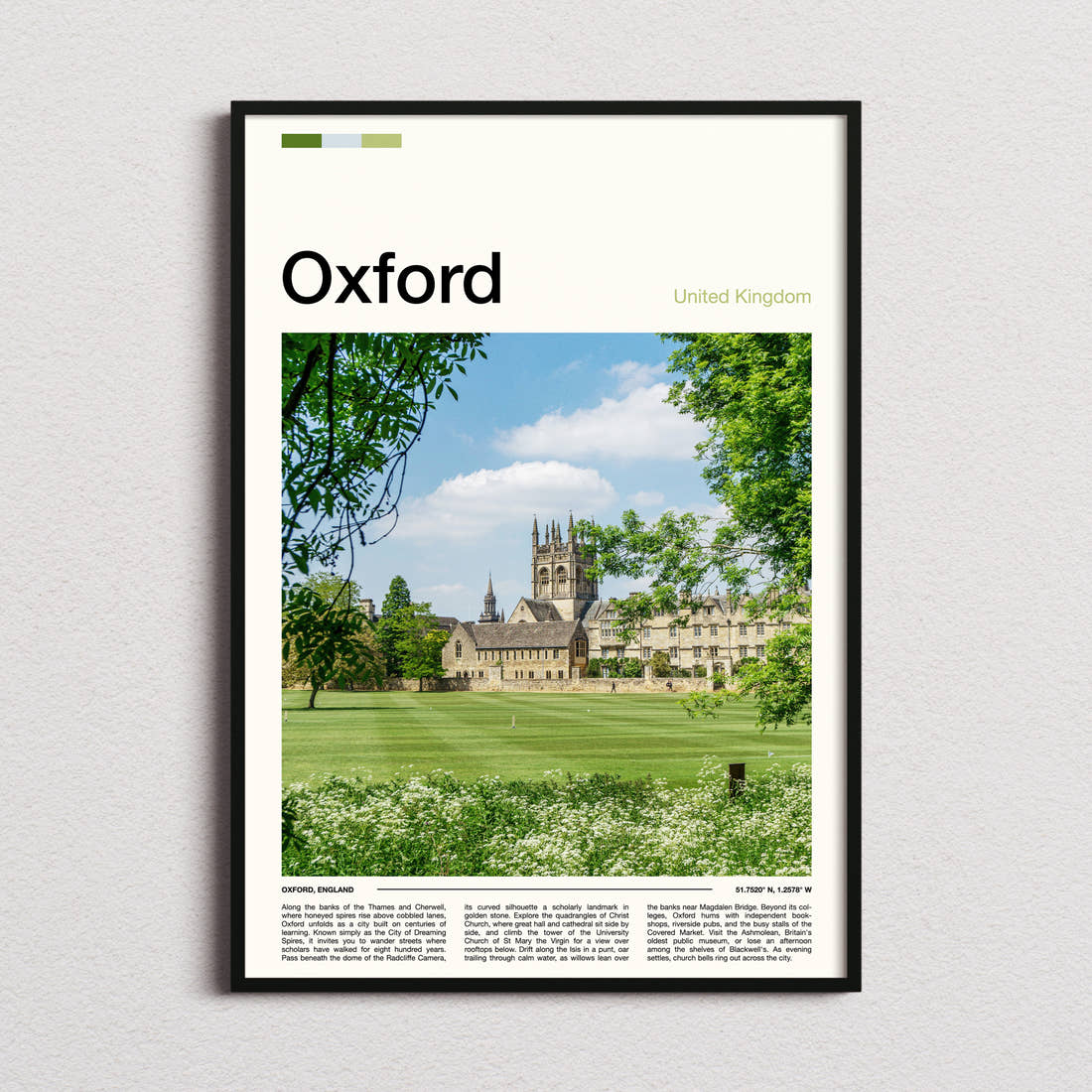 Oxford College Tower And Lawn Travel Print framed and photographed straight on