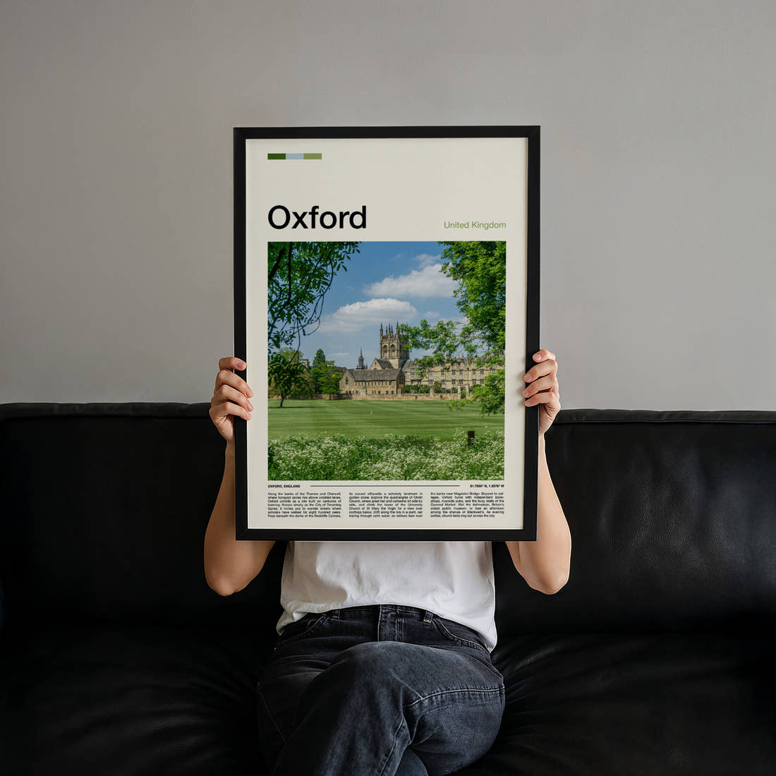 Oxford College Tower And Lawn Travel Print held up by hand to show the size of the print
