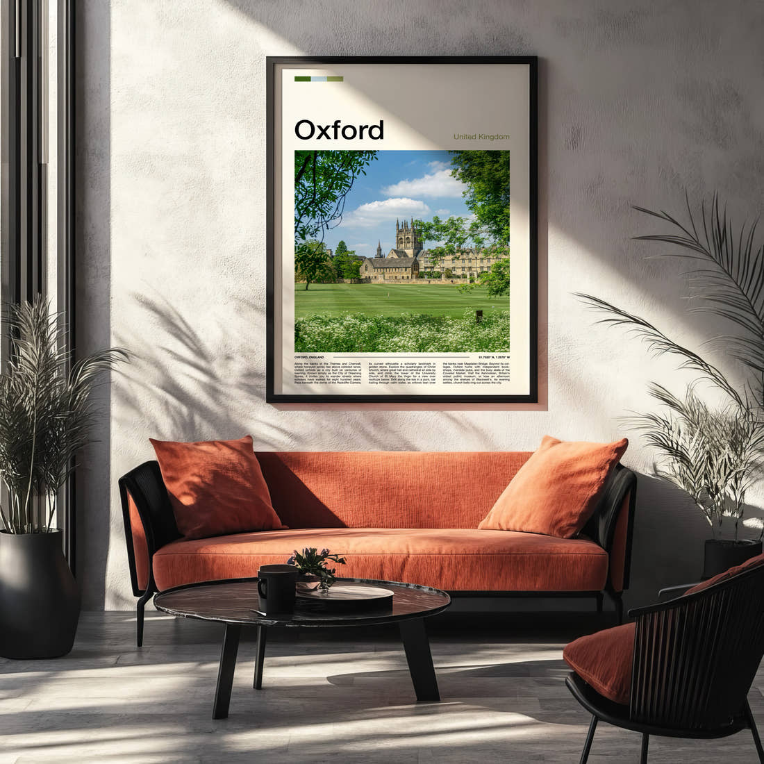 Oxford College Tower And Lawn Travel Print framed on the wall of a modern living room