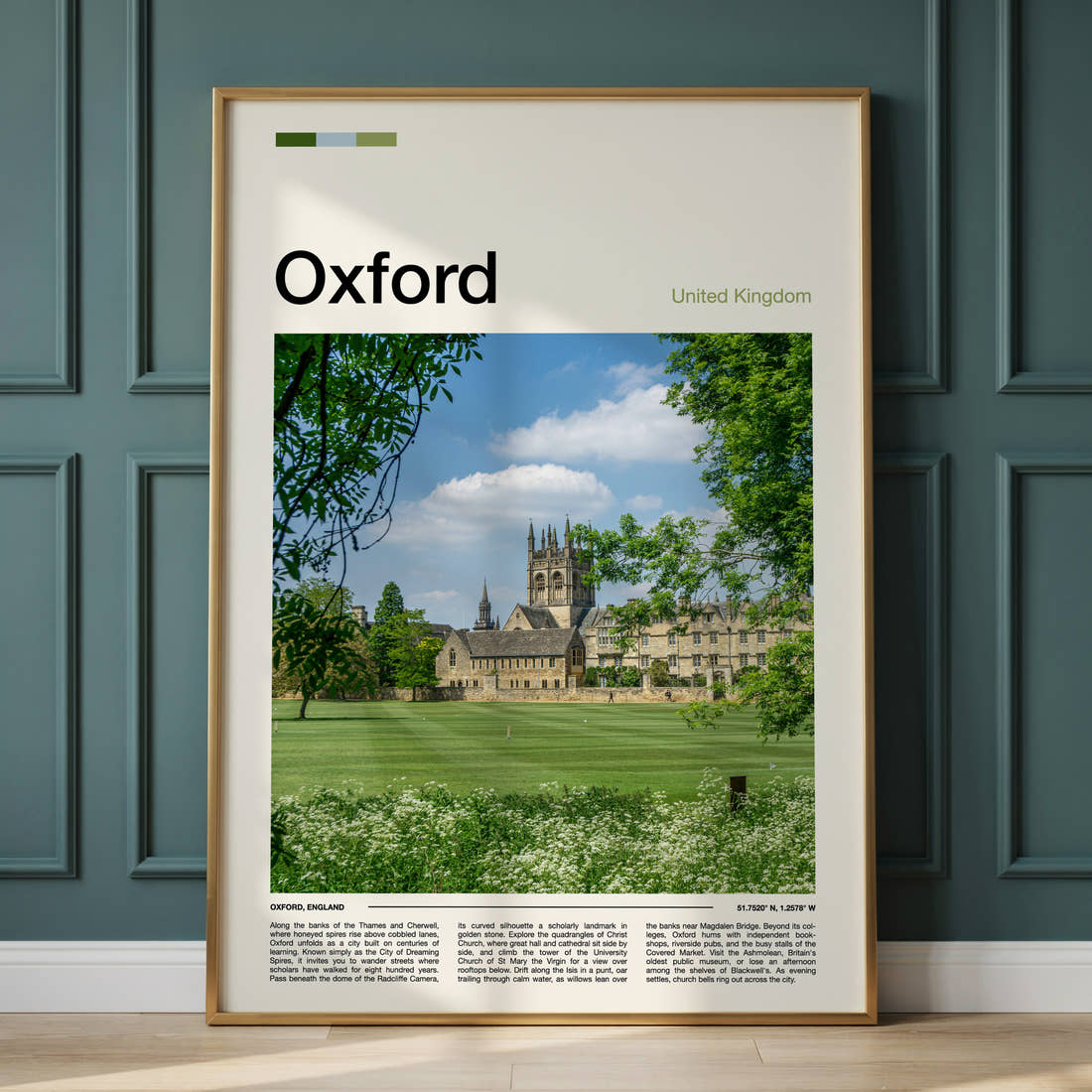 Oxford College Tower And Lawn Travel Print framed on the wall of a calm, neutral bedroom