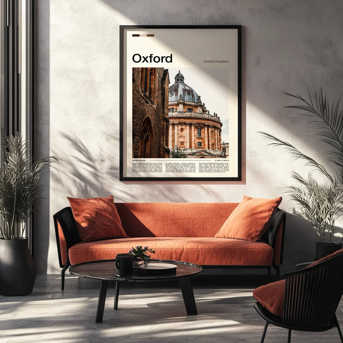 Oxford Radcliffe Camera Dome Travel Print framed on the wall of a modern living room