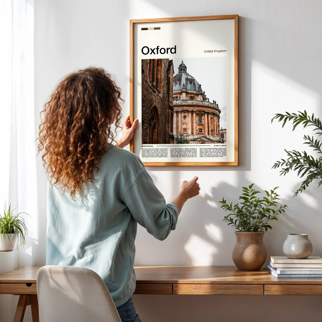 Oxford Radcliffe Camera Dome Travel Print framed on a pale wall beside houseplants