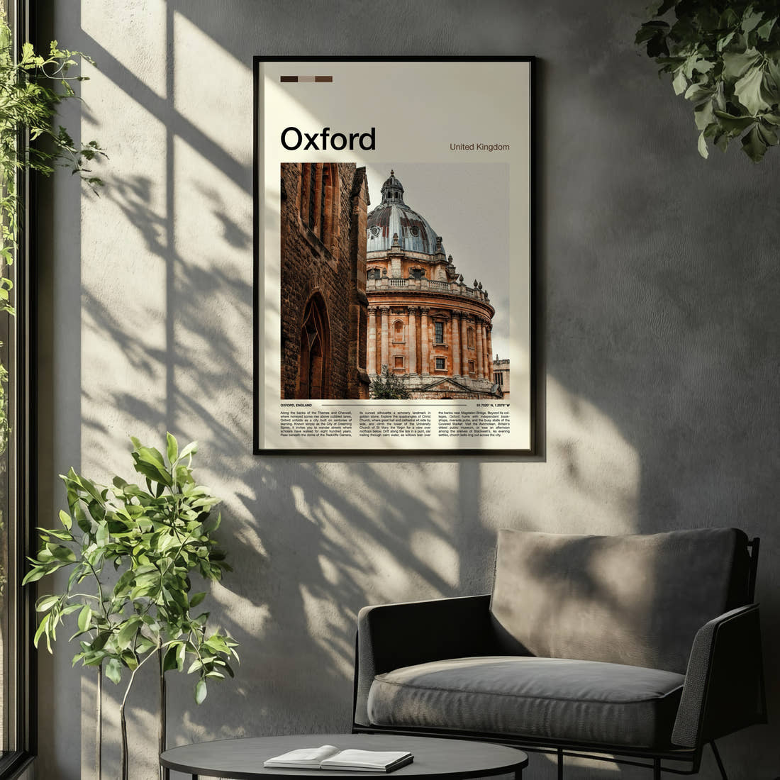 Oxford Radcliffe Camera Dome Travel Print framed on the wall of a relaxed living room