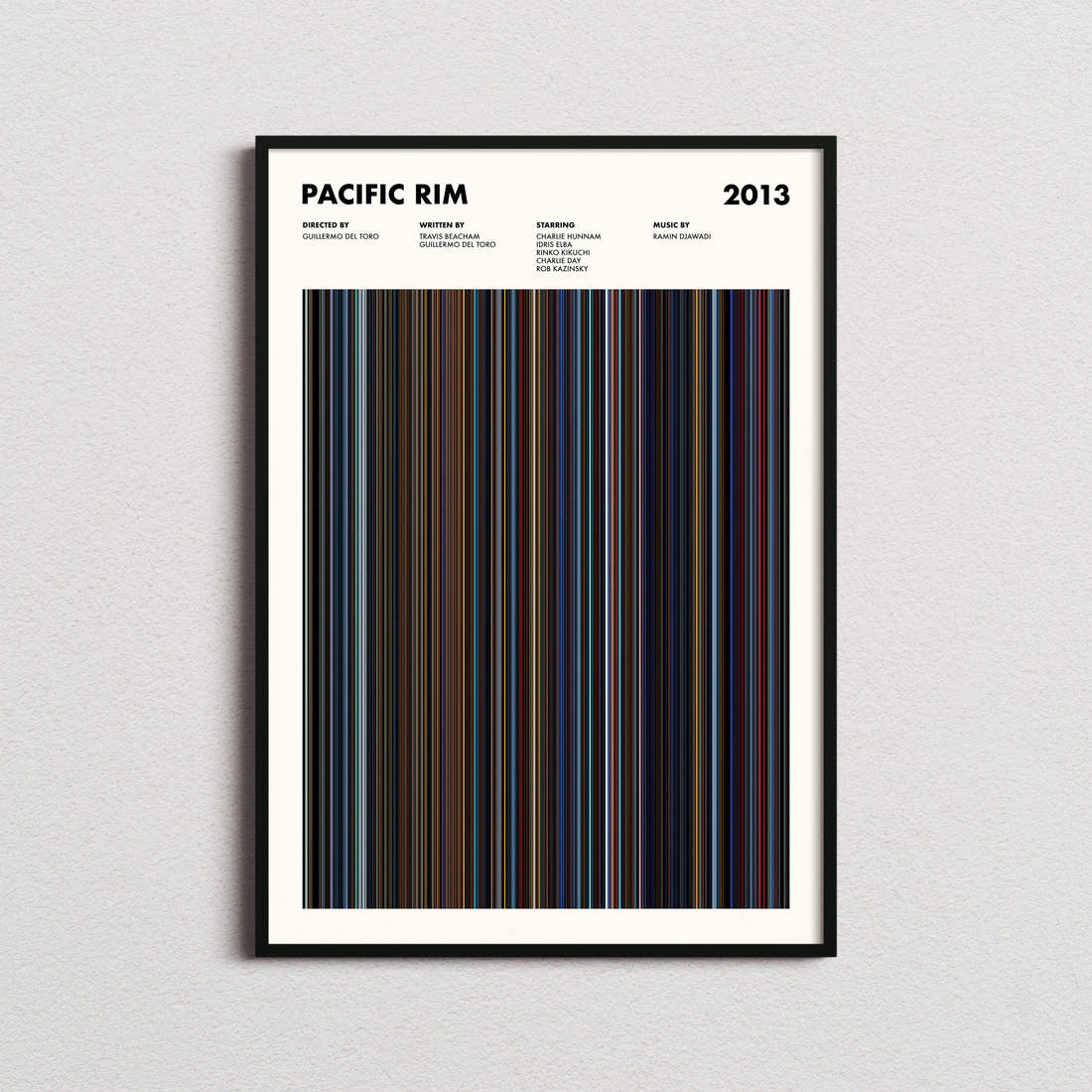 Pacific Rim Movie Barcode Poster framed on a plain studio wall