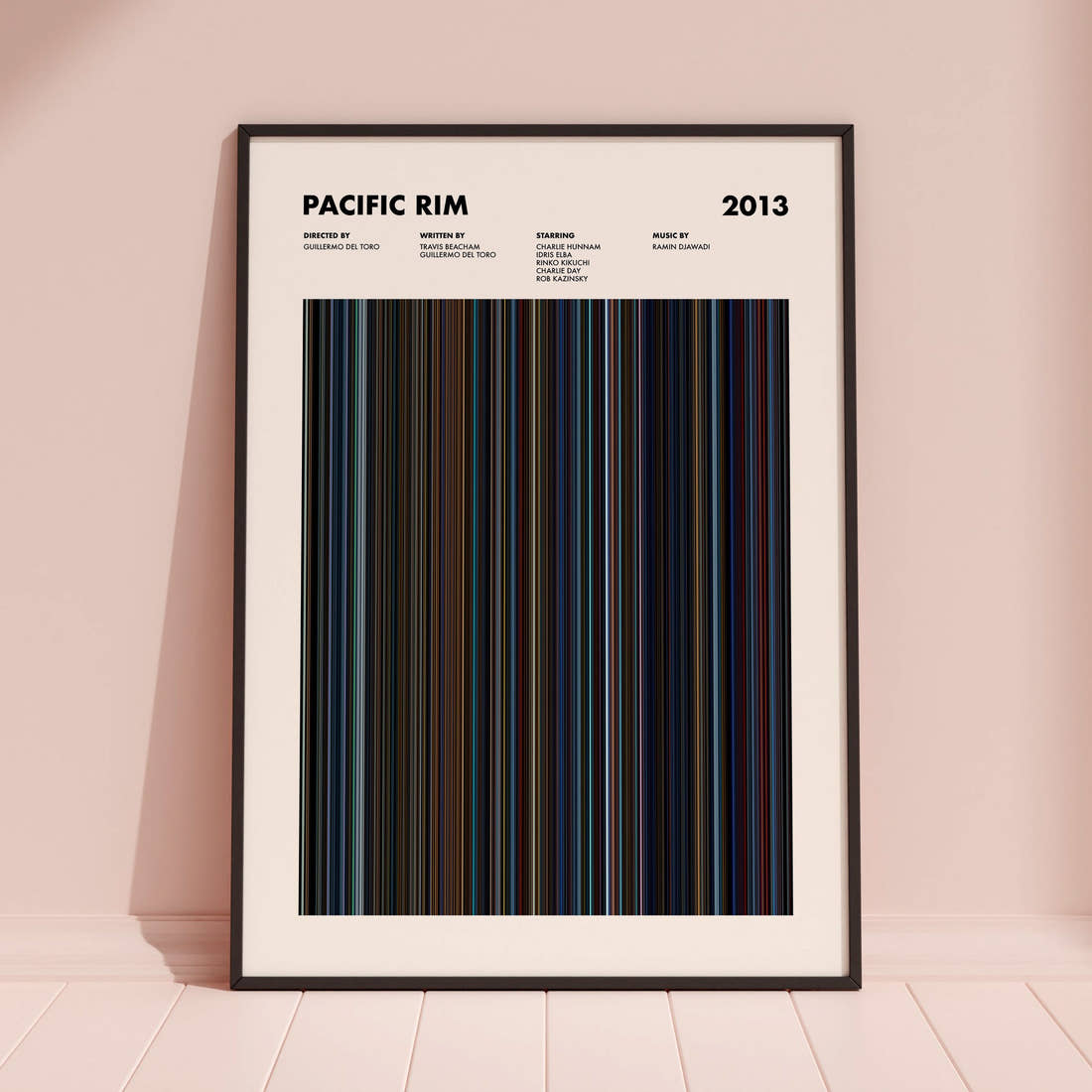 Pacific Rim Movie Barcode Poster framed and leaning against a coloured wall
