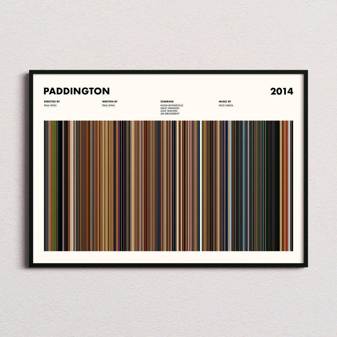Paddington Movie Barcode Poster framed and photographed straight on