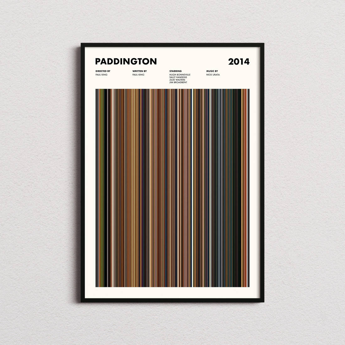Paddington Movie Barcode Poster framed on a plain studio wall