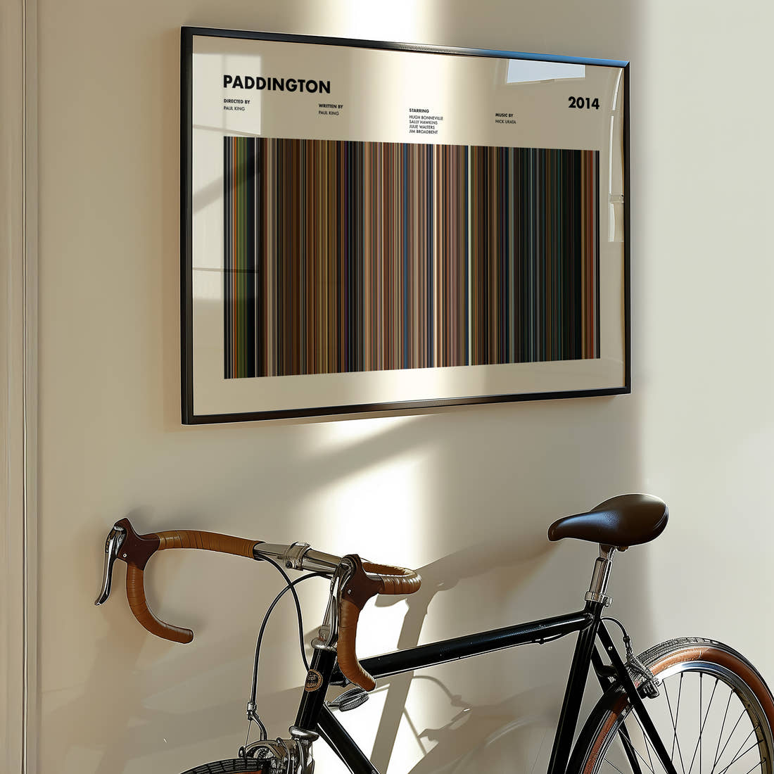Paddington Movie Barcode Poster framed on the wall of a styled room setting