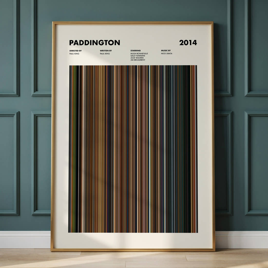 Paddington Movie Barcode Poster framed and leaning against a panelled wall
